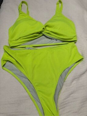 SHEIN Neon Lime Ribbed Twist Bikini Set